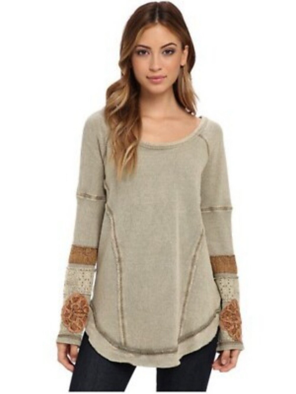 Free People Beige Patchwork Scoop Neck Sweater with Brown Accents